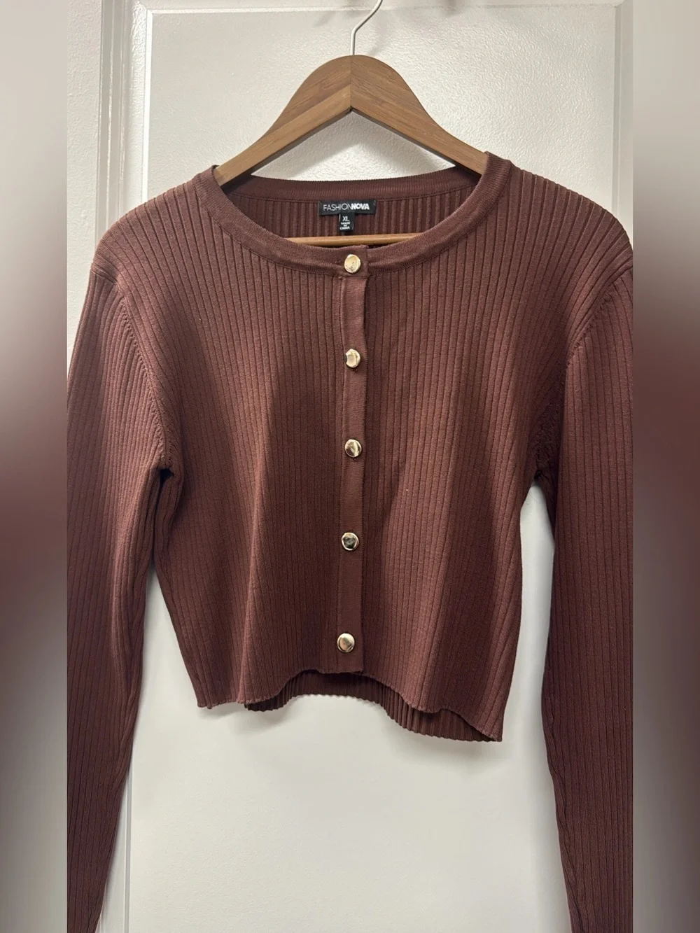 Fashion Nova Brown Ribbed Button-Front Long Sleeve Crop Top/Cardigan